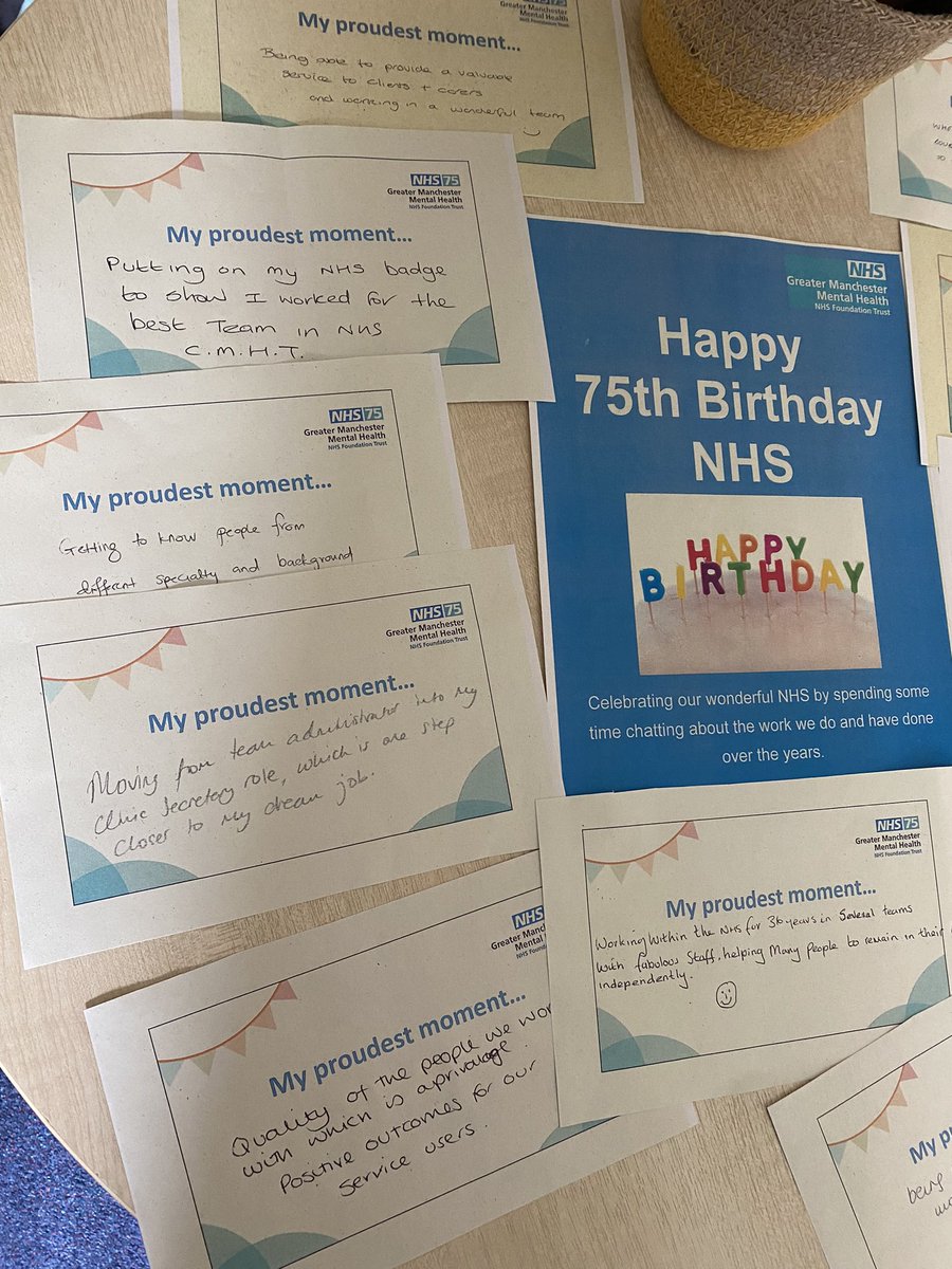 CBrackenNHS's tweet photo. Celebrating a Happy 75th Birthday to the NHS with a #SharedTopicLunch discussing our #ProudestMoment of working in the #NHS 🎈🥳

Lots of reflection and memory searching with a brew and food thrown in for extra measure! 

Some lovely Proud Moments. 
#OACMHT https://t.co/jehBXLqqLR