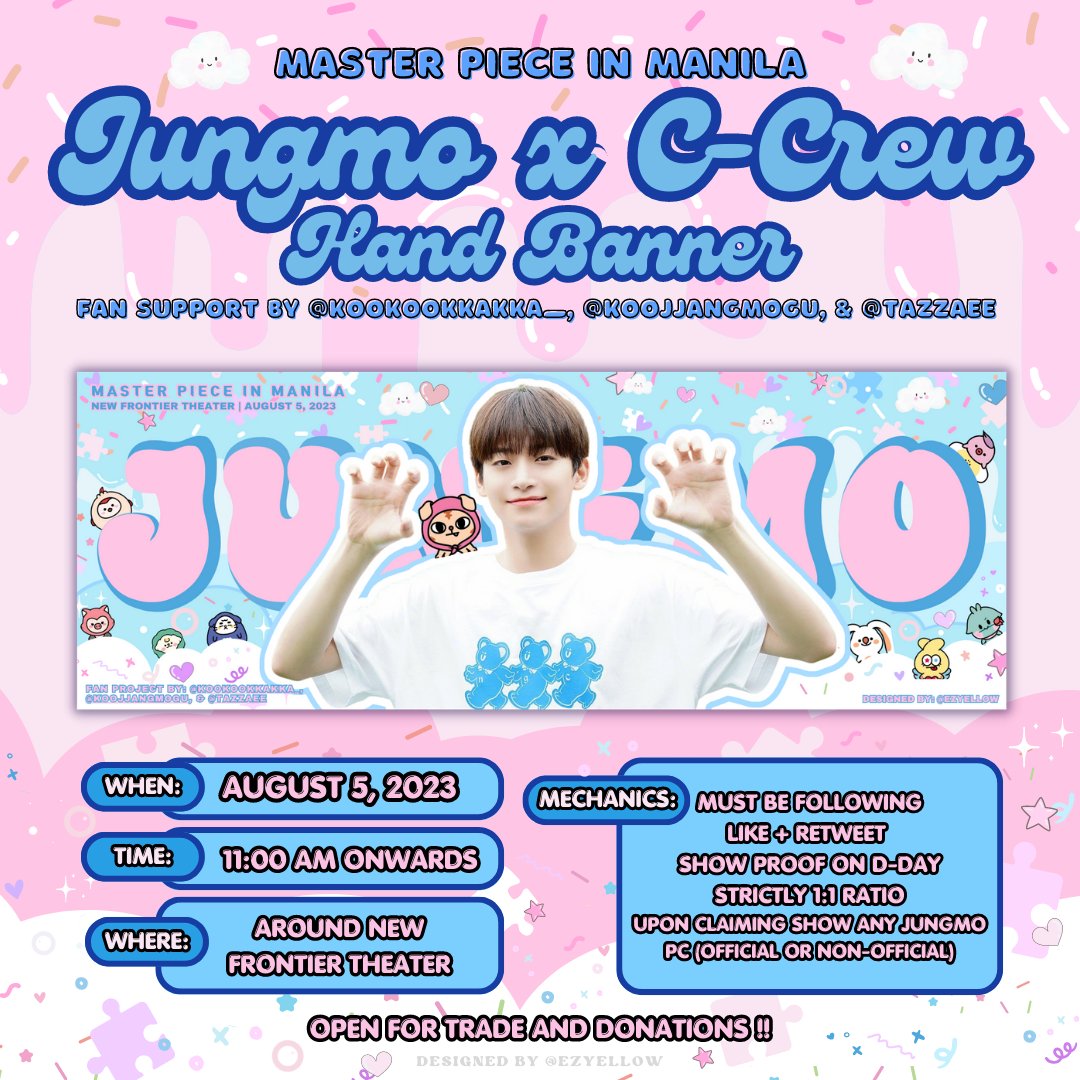 kookookkakka_'s tweet photo. 🧩 CRAVITY MASTER PIECE IN MANILA 🧩

☆ Fan Support for #JUNGMO ☆
by @kookookkakka_ , @koojjangmogu , and @tazzaee

♡Mbf, Like and Retweet
♡ Open for all Luvitys

Open for trades and donation!! 💟

#CRAVITY #크래비티
#CRAVITY_1ST_WORLD_TOUR
#MASTERPIECE #MASTERPIECE_IN_MNL https://t.co/jnkDWi8Bj5