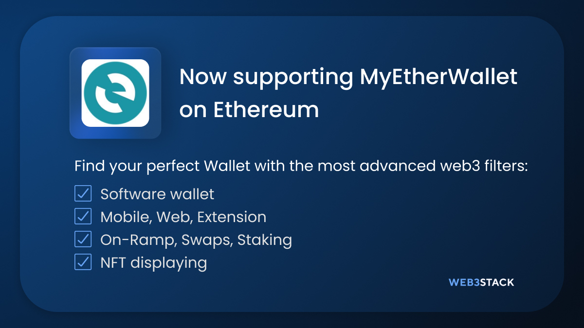 web3stackme's tweet image. Web3stack now supports @myetherwallet on Ethereum      
MyEtherWallet is Ethereum's 1st wallet, non-custodial & opensource
Vote for @myetherwallet as the best Wallet
Explore more web3 Wallets on Web3stack