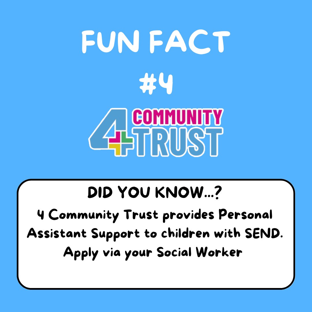4communitytrust's tweet image. DID YOU KNOW...?

We offer PA Support for Children with SEND

Are you a parent of a child with SEND? 

Are you looking for support to help you and your child.

We accept referrals via Social Workers and Direct Payment.

#sandwell #pasupport #support #send #specialneeds #funfact