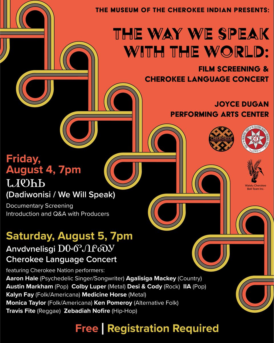 cherokeemuseum's tweet photo. This August, we're celebrating Cherokee language with "The Way We Speak with the World," a two-day film and concert event. Tickets are free! Get yours today: https://t.co/3qoLDg72qk https://t.co/6HlNweUD56