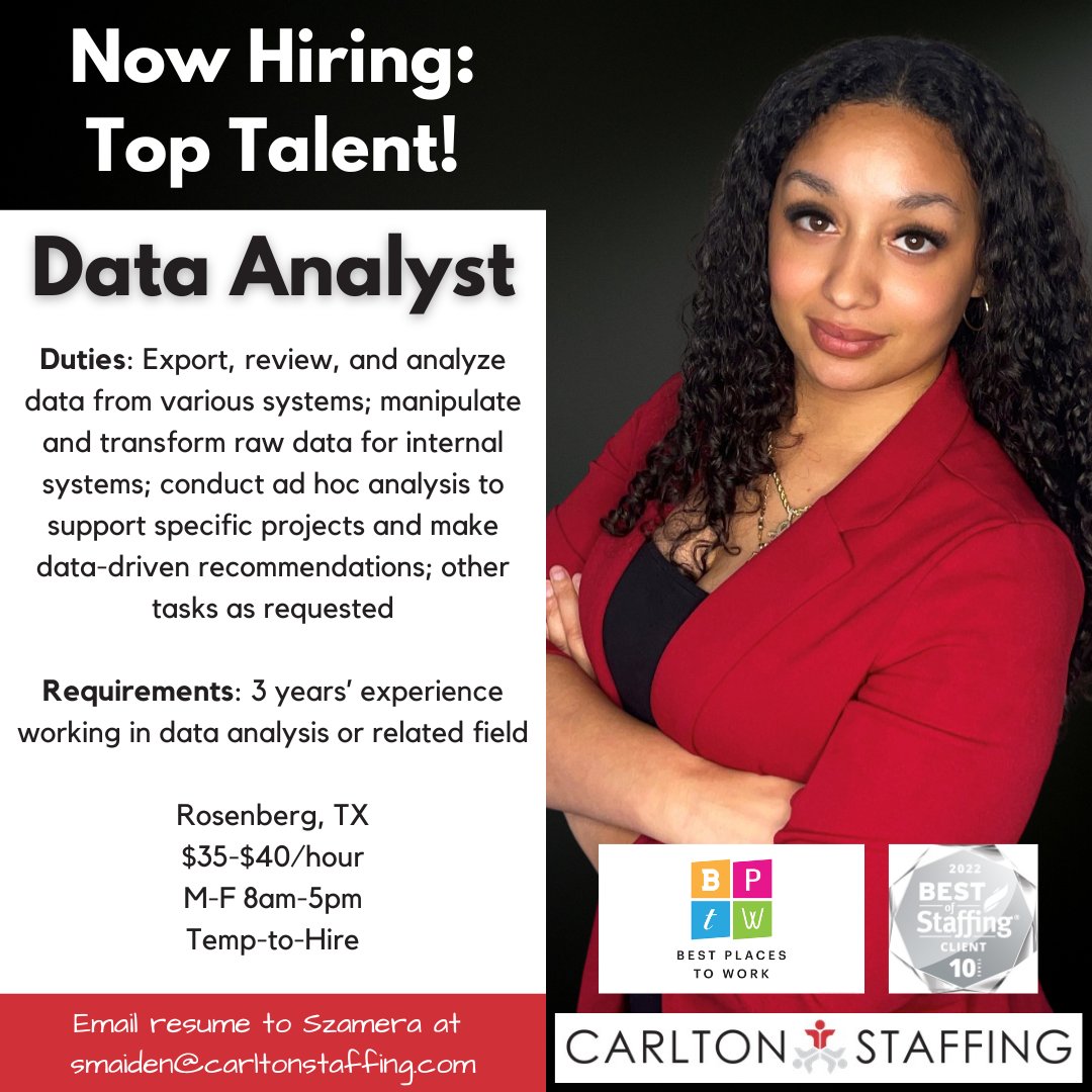 Szamera has a great opportunity for a Data Analyst in Southwest Houston!  To speak with her more about this role, call 281.265.8900 or if you're ready to pull the trigger and apply, email a resume or apply online today! conta.cc/3PdkFB2