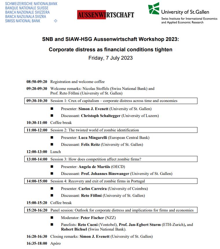 SNB_BNS's tweet photo. On Friday, 7 July, the 2023 SNB and SIAW-HSG Aussenwirtschaft Workshop will take place in Zurich. This year’s conference theme is ‘Corporate distress as financial conditions tighten’. The conference can be followed live on Zoom: https://t.co/yvDZmU2Xic https://t.co/yA5a3cR4BN