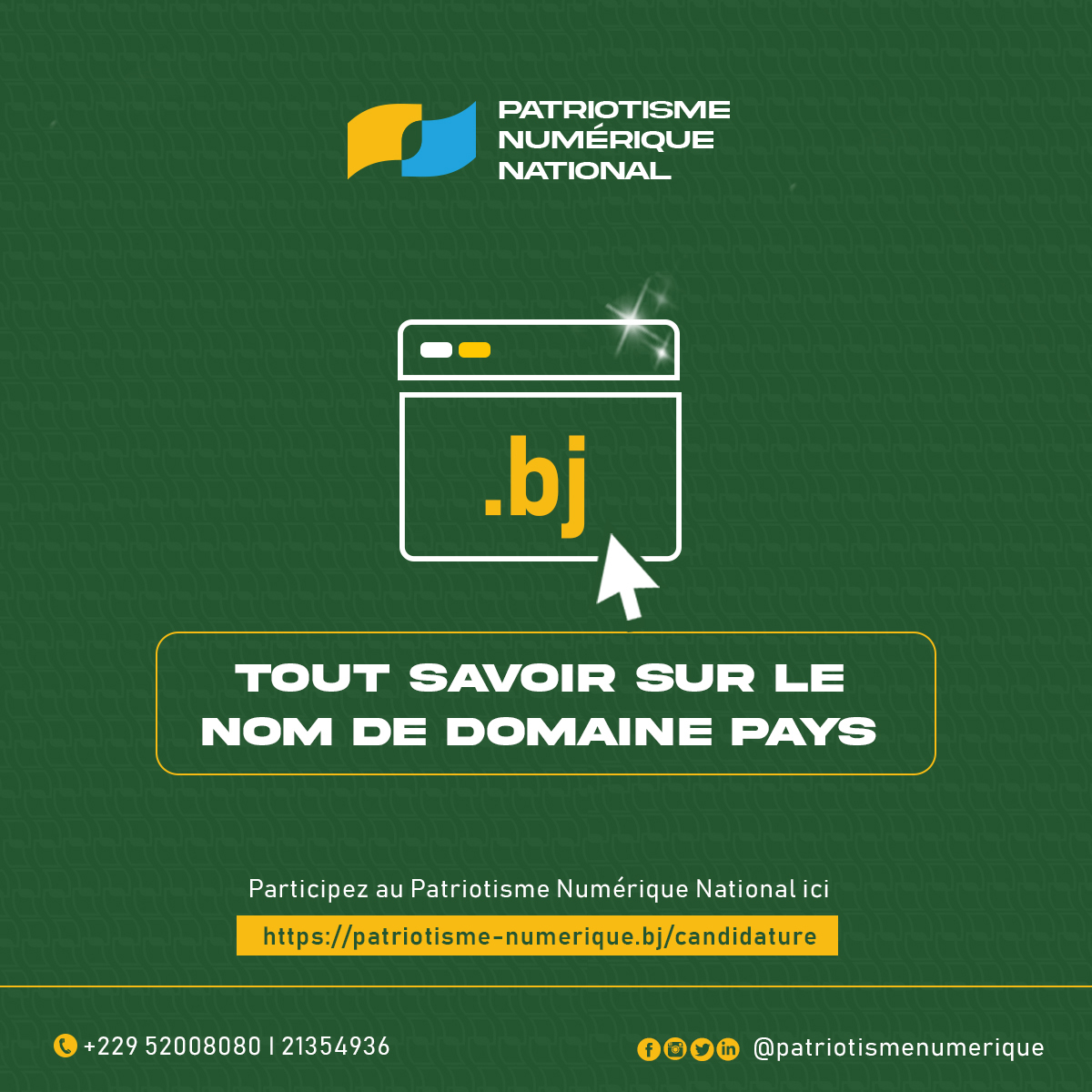 patriotismnumbj's tweet photo. L'extension de domaine ".bj" est considérée comme le territoire virtuel du Bénin.

Elle identifie le Bénin sur Internet de la même manière que l'indicatif téléphonique "+229" identifie le Bénin pour les appels téléphoniques.

@asinbenin @EpitechBenin @AFNIC @FGIBenin 

⤵️ https://t.co/rt1XT00QWf