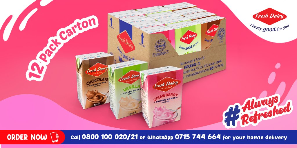 Freshdairyug's tweet photo. Stay #AlwaysRefreshed with a 12-pack carton of #FreshDairy long-life UHT milk. Amazing ready-to-drink refreshment. Call 0800 100 020/21 or WhatsApp 0715 744 664 for orders. https://t.co/DFjnqApWVa