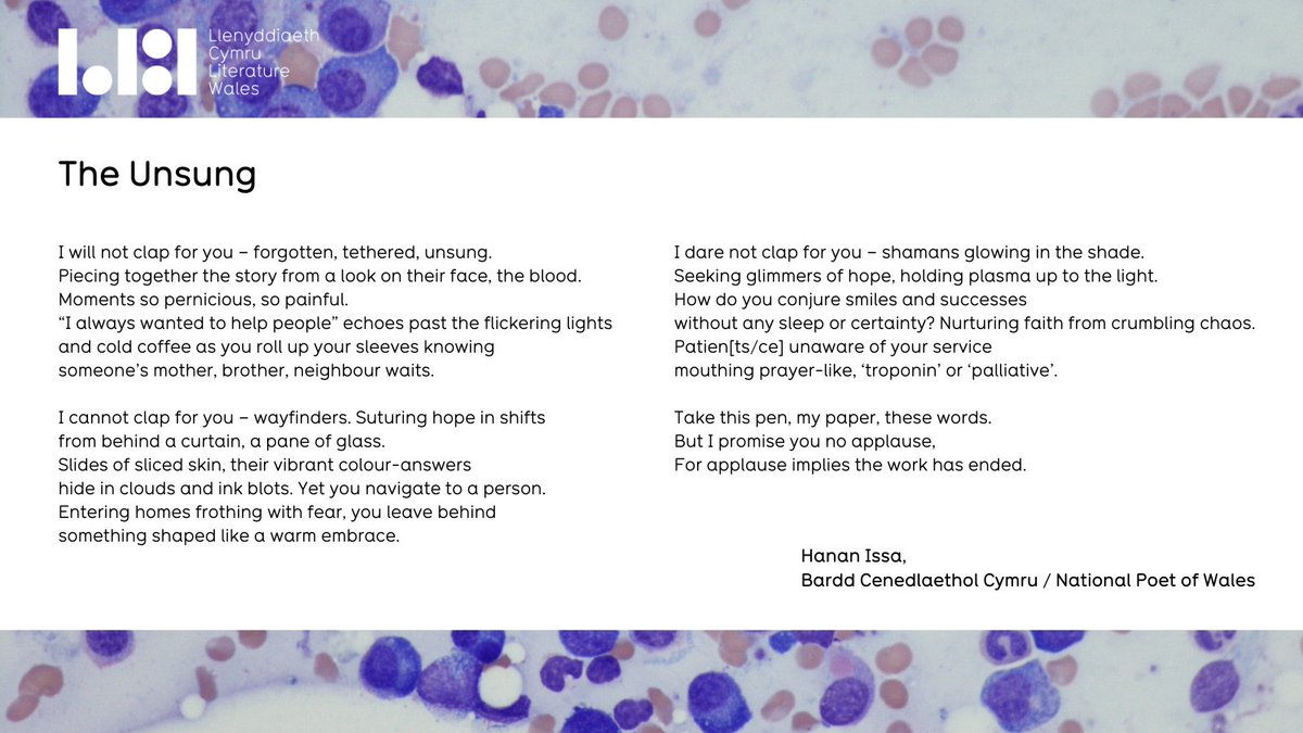 Today we're proud to share ‘The Unsung’ - a poem penned by National Poet of Wales, <a href="/hanan_issa_/">Hanan Issa</a>,  to mark the 75th anniversary of the National Health Service. 

This poem was commissioned by Literature Wales. #NHS75 

literaturewales.org/lw-news/nation…