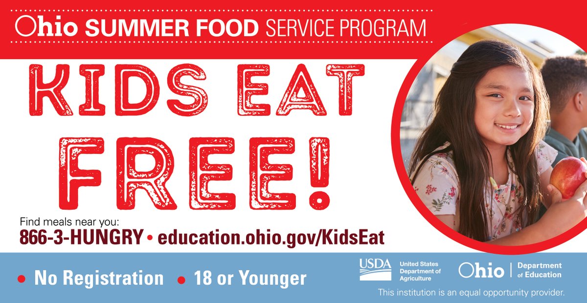☀️🥗 Kids eat FREE! Find no-cost summer meals in your area. There’s no sign-up needed for children under 18 to receive healthy food. 

🍽️⇒ education.ohio.gov/KidsEat