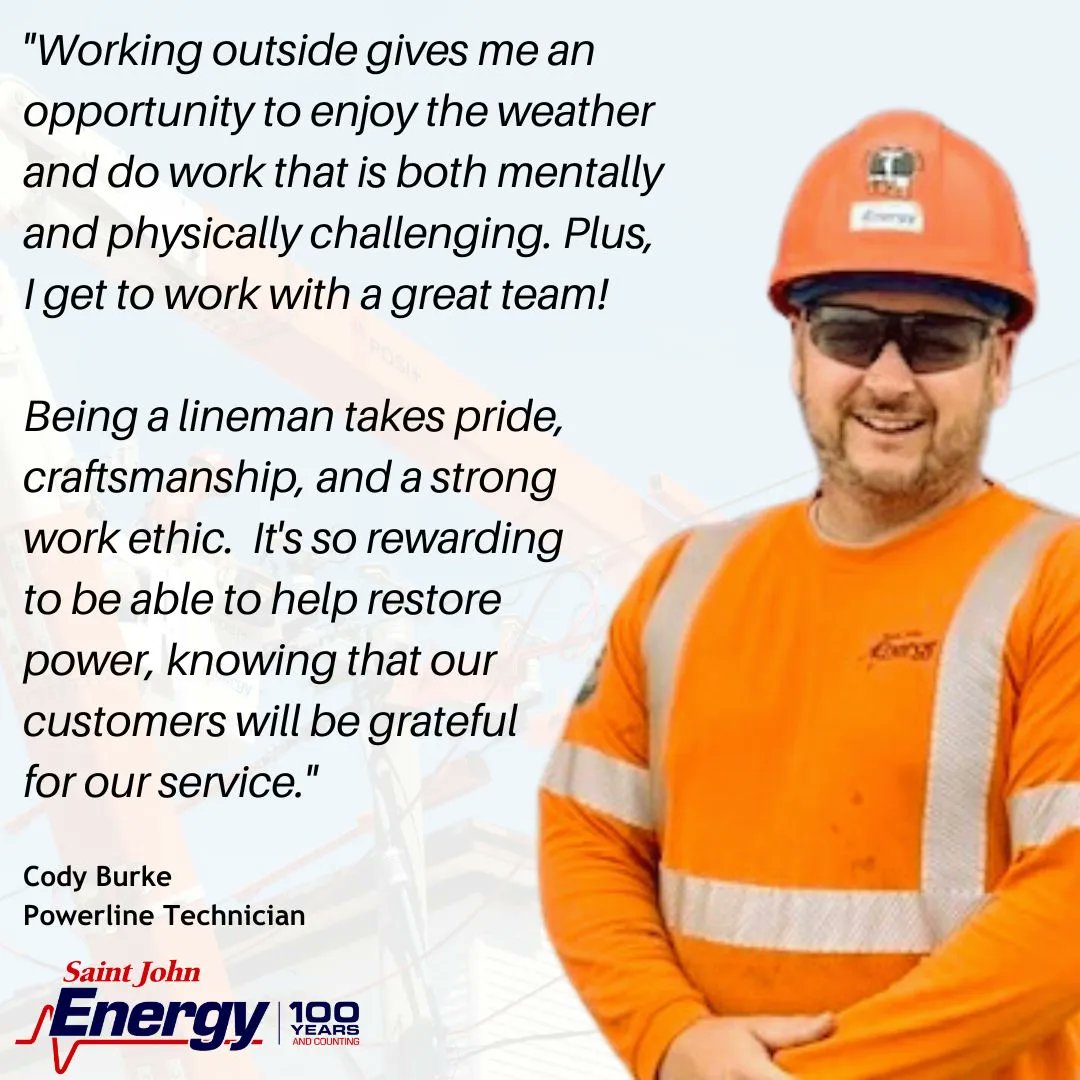 SJEnergy's tweet photo. National Lineworker Appreciation Day is July 10, 2023. Often faced with working in extreme conditions, lineworkers work efficiently, safely, and collaboratively to keep the lights on. 

Cody Burke has been a member of our SJE Team since 2019 - thank you, Cody for all you do! https://t.co/cMLs2ym85I