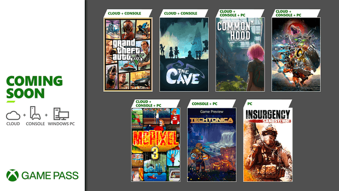 Grand Theft Auto V, The Cave, Common'hood, Exoprimal, McPixel 3, Techtonica, and Insurgency: Sandstorm are coming soon to Xbox Game Pass.