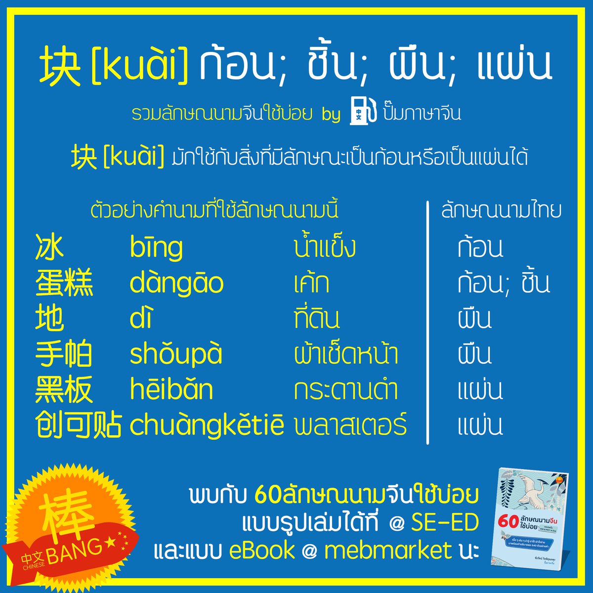 chinese_bang's tweet photo. #รวมลักษณนามจีนใช้บ่อย วันนี้พบ 块 [kuài] ก้อน ชิ้น ผืน แผ่น แล้วใช้กับอะไรบ้าง เรามาดูกันเลย
พบลักษณนามอื่นๆอีกเพียบใน eBook "60 ลักษณนามจีนน่ารู้" ใช้บ่อยออกสอบก็บ่อย มาพร้อม 640 ต.ย.การใช้ แค่ 79฿
ชมตัวอย่างxอุดหนุน > https://t.co/DYIIbnJ3zA
#中文 #ภาษาจีน #เรียนจีน #จีน https://t.co/ejnH32AFtP