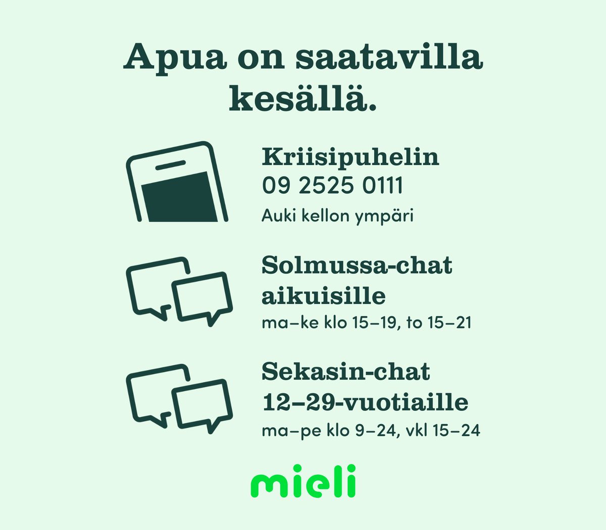 mielenterveys's tweet photo. Muistathan, että keskusteluapua on saatavilla läpi kesän. Kriisipuhelimeen voi soittaa kaikkina vuorokaudenaikoina. Jos linja on varattu, kehotamme soittamaan hetken kuluttua uudelleen. Päivystäjät ovat kriisityön ammattilaisia sekä vapaaehtoisia. #kriisipuhelin #mielenterveys https://t.co/nikvbm6QHA