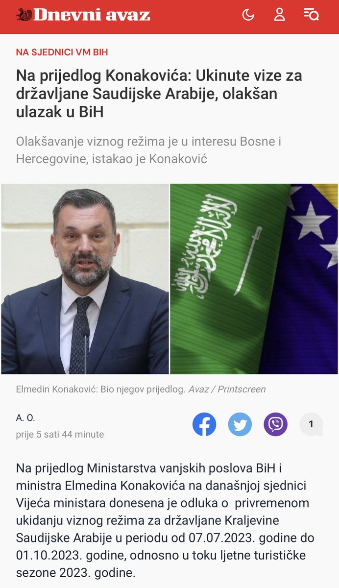 مثل ماكان متوقع الأيام الماضية تم وبشكل رسمي إصدار قرار لدخول السعوديين إلى #البوسنة 🇧🇦 بدون فيزا بدأ من تاريخ ٧ جولاي يعني بعد بكرا ويستمر الإعفاء إلى ١ اكتوبر ✅

📌 رابط الخبر الرسمي

avaz.ba/vijesti/bih/84…