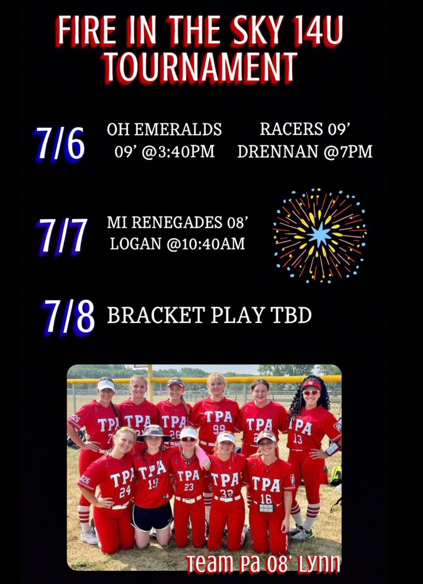 Another tournament weekend begins tomorrow <a href="/FIREintheSKYsb/">Fire in the Sky</a> in Orville OH! Here is our <a href="/teampa08lynn/">team pa 08</a> schedule! Hoping for a good weekend! 🤞🥎 <a href="/YSUSoftball/">Youngstown State Softball 🐧</a> <a href="/CoachColemanNDC/">Coach Coleman</a> <a href="/CoachKnerem/">Emlyn Knerem</a> <a href="/coachjanelhayes/">Coach Janel Hayes</a> @CoachFentonBG <a href="/Paige_McMenemy/">Paige McMenemy</a> <a href="/CSU_Softball/">Cleveland State Softball</a> <a href="/CoachJexx_RMU/">Coach Jexx</a> <a href="/bridgetorchard/">Bridget Orchard</a>