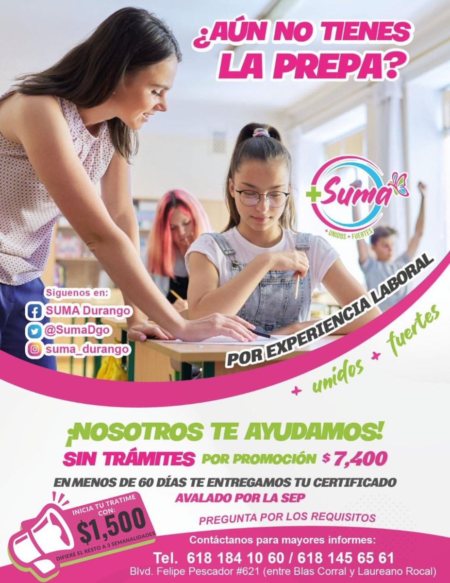 LaloSerranoZ's tweet photo. #LaserInformativo

Muy buen programa de @suma_durango que ayuda a terminar la preparatoria, sin examen ni mayores trámites, en modalidad por experiencia Laborar 
Se puede apartar lugar con $1500 y diferir en pagos semanales el resto,
Vale la pena 
📞 618 145 65 61 y 618 184 10 60 https://t.co/WpHiH6mM3B