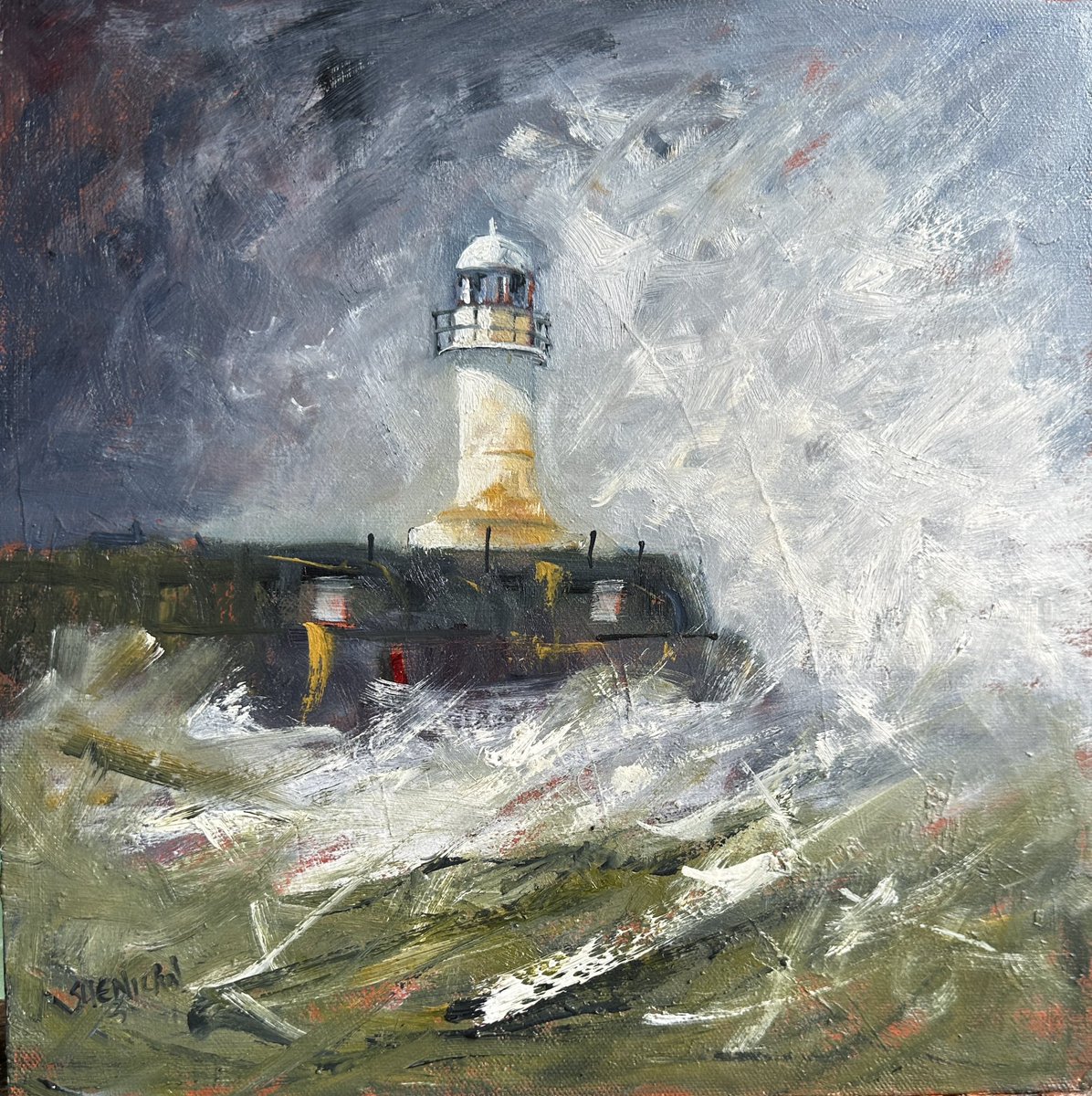 I don’t want to overwork this one, I like the fresh spontaneity of it. #SouthGare #lighthouse #Tees #storm #oils 12x12” #marineart