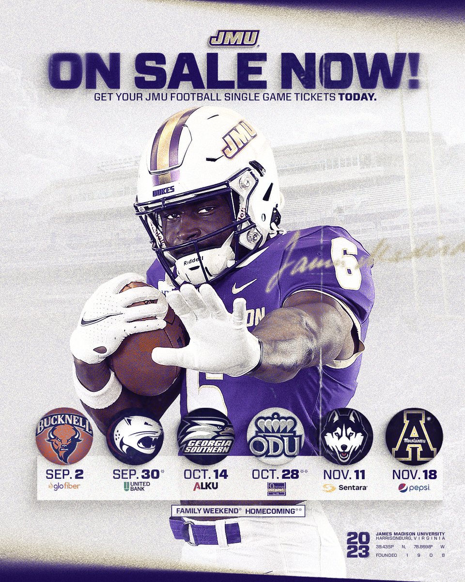 JMUSports's tweet photo. Single game tickets are on sale now!
Don't miss your chance to join @JMUFootball at Bridgeforth Stadium this fall!
๐๏ธ | https://t.co/e0xLXXw5kh
#GoDukes https://t.co/8Y3XtwztY8