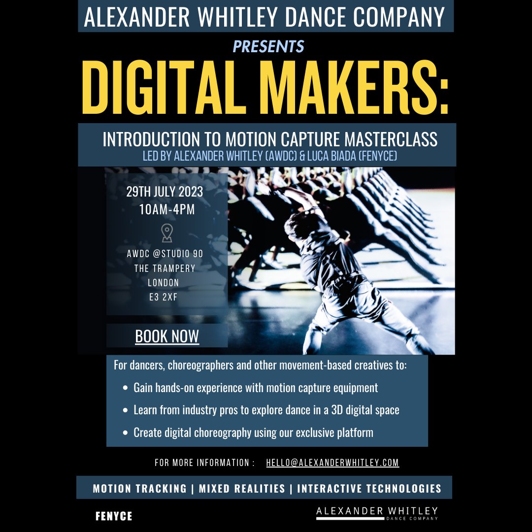 WhitleyDanceCo's tweet photo. Workshop Alert! 

We are thrilled to announce the first masterclass to be held at our brand new satellite space at Studio 90 💫

Discover the limitless possibilities of blending technology with movement in our one-day Introduction to Motion Capture Workshop.

Link in bio! https://t.co/ulHBKQV8Mt