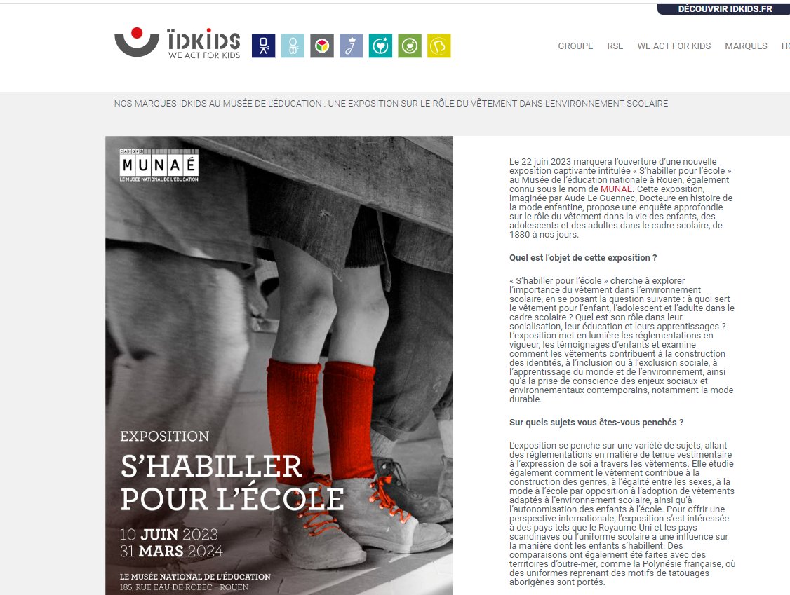 Parce que l'expo "S'habiller pour l'école" ne se limite pas à l’analyse du passé, les commissaires se sont associés à des entreprises de l’industrie de l’habillement pr enfants telles que <a href="/IDKIDSCORPORATE/">ÏDKIDS CORPORATE</a>. En 📎 l'itw de la co-commissaire <a href="/AudeLeGuennec/">Aude</a>➡️bit.ly/3XA2fwx