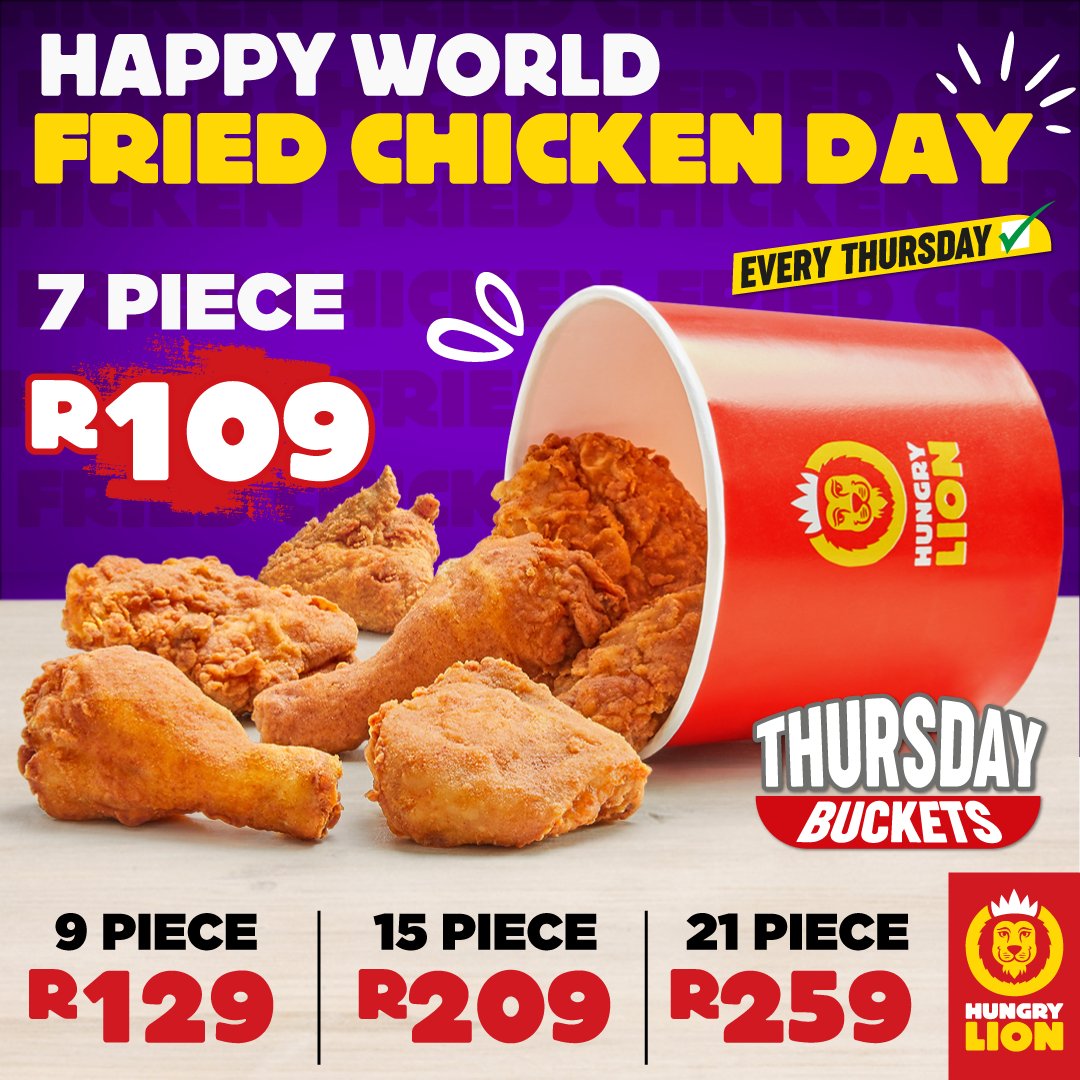 hungrylion's tweet photo. ππ Celebrate World Fried Chicken Day with our Thursday Buckets! Grab your friends and get down to your nearest store today! ππ #ThursdayBuckets #FriedChickenDay #HungryLikeALion https://t.co/19kvZvpWG6