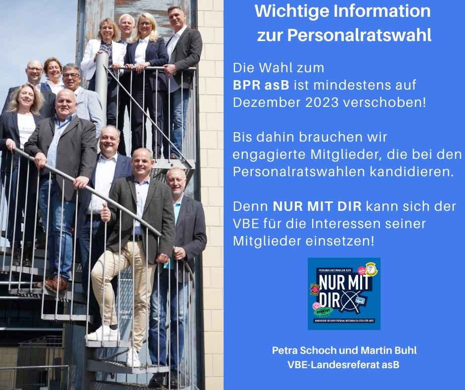 +++Wichtige Info+++ Die Wahl zum BPR asB (außerschulischer Bereich) verschiebt sich. Bis dahin brauchen wir engagierte Mitglieder, die bei den #Personalratswahlen für den VBE kandidieren. Wer Interesse hat: vbe-bw.de/meldung/vbe-st… #wirfüreuch #nurmitdir #allestimmenfürdenvbe