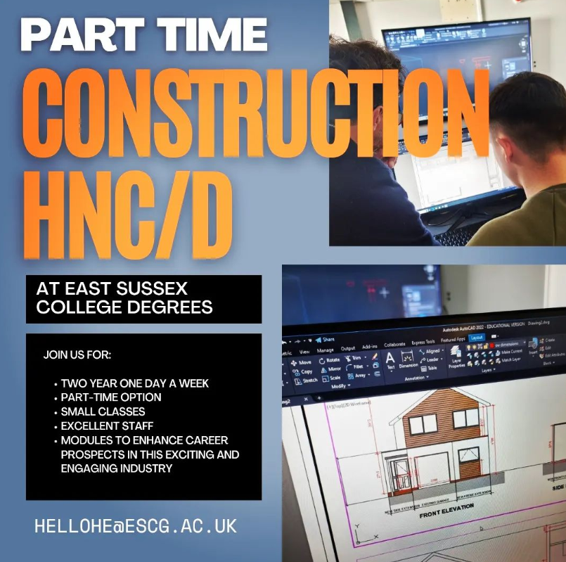 _ESC_UC's tweet photo. Start your dream degree this September 2023! 

Upskill and enhance your career prospects with a valued HNC/D degree level qualification in Construction &amp; the Built Environment. Delivered from our Eastbourne campus, one day a week, over 2 years. 

#degree #degrees #career https://t.co/A592bF3bc1