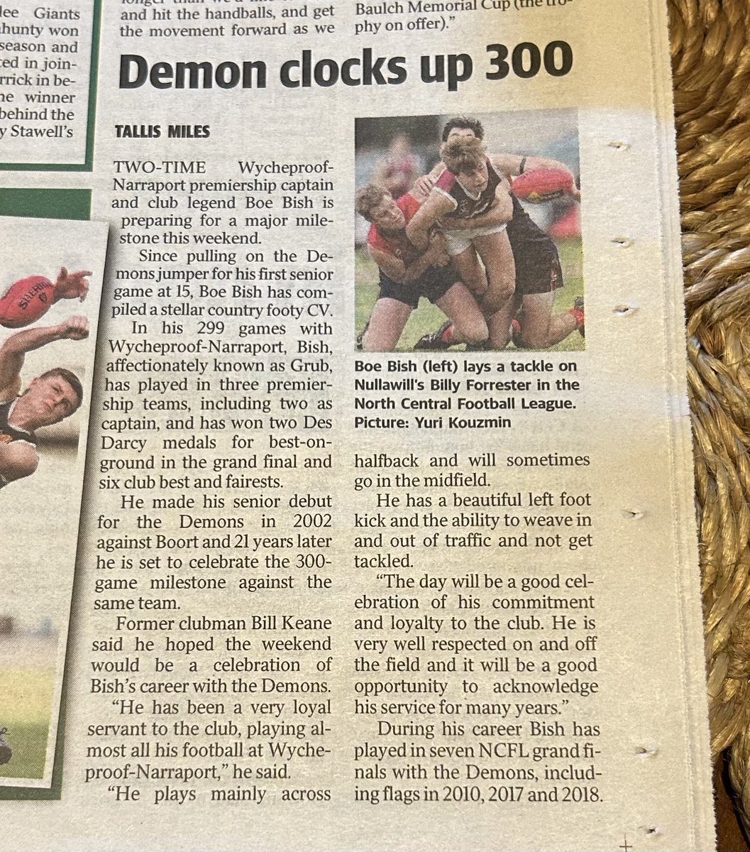 Congratulations to Wycheproof Narraport Football Club legend Boe Bish - celebrating a significant milestone this weekend - 300 games amongst many other accolades. Read below 👇 👏
#WeeklyTimes #BoeBish #CountryFootball #AFL 
#BerylWouldBeProud