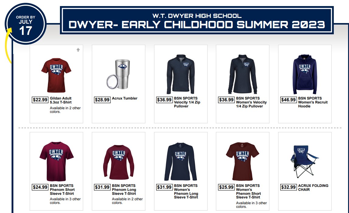 ***DWYER EARLY CHILDHOOD*** Your team store is live! Hit the link below to get your exclusive EC gear! @DwyerHS @DwyerPrincipal @DwyerAcademies Hurry, shop closes 07/17/2023! bit.ly/46upxbb