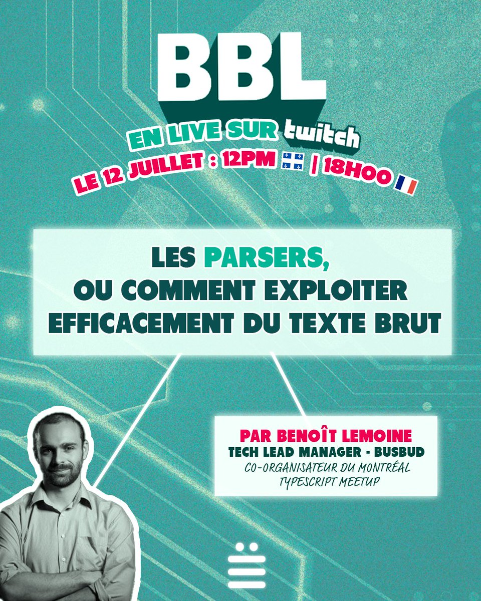 🇫🇷 #BBL - Les Parsers, ou comment exploiter efficacement du texte brut 

Retrouvez <a href="/benoit_lemoine/">Benoit Lemoine</a>, Tech Lead Manager chez <a href="/Busbud/">Busbud</a> &amp; Co-organisateur du Meetup TypeScript Montreal👇

𝗧𝗮𝗹𝗸 𝗲𝗻 🇫🇷 | A𝗴𝗻𝗼𝘀𝘁𝗶𝗾𝘂𝗲 𝗱𝗲 𝘁𝗼𝘂𝘁𝗲 𝘁𝗲𝗰𝗵𝗻𝗼𝗹𝗼𝗴𝗶𝗲 𝗼𝘂 𝗹𝗮𝗻𝗴𝗮𝗴𝗲