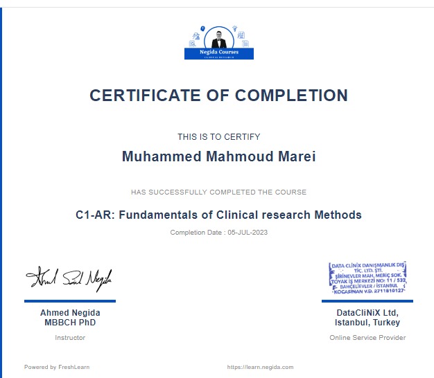 muhammedmarei3's tweet image. 🎓 Excited to announce my completion of a course on Fundamentals of Clinical Research and Study Designs! I would like to express my gratitude to the instructor @NegidaMD and fellow participants who made this learning journey incredibly enriching
 #ClinicalResearch #StudyDesigns