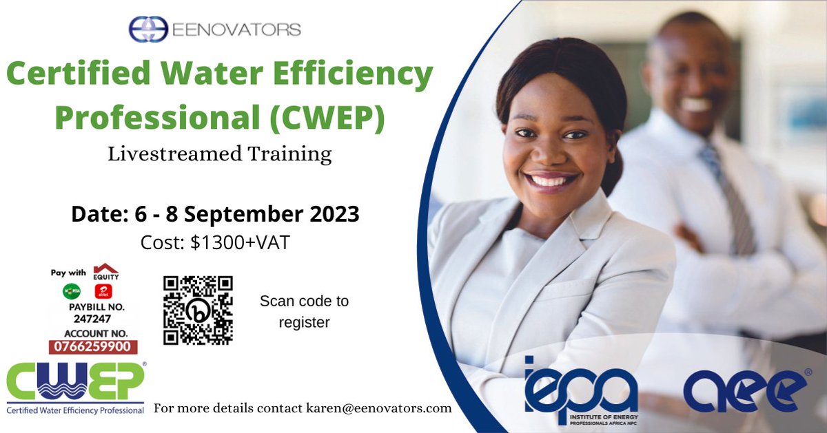 The Certified Water Efficiency Professional (CWEP) training will be happening online from 6th -8th Sept 2023 at a cost of $1300+VAT. Registration ongoing via this link; buff.ly/3psGnqh 
For more details, call 0791839959 or send us an email at karen@eenovators.com