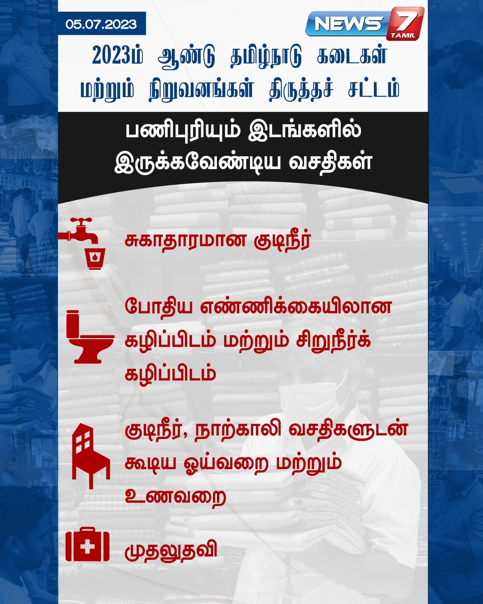 news7tamil's tweet photo. பணிபுரியும் இடங்களில் இருக்கவேண்டிய வசதிகள்
#TNGovt | #WorkingPlace | #DrinkingWater | #Toilets | #RestRoom | #Dining | #FirstAid | #News7Tamil | #News7TamilUpdates https://t.co/v4jz7JMy3L