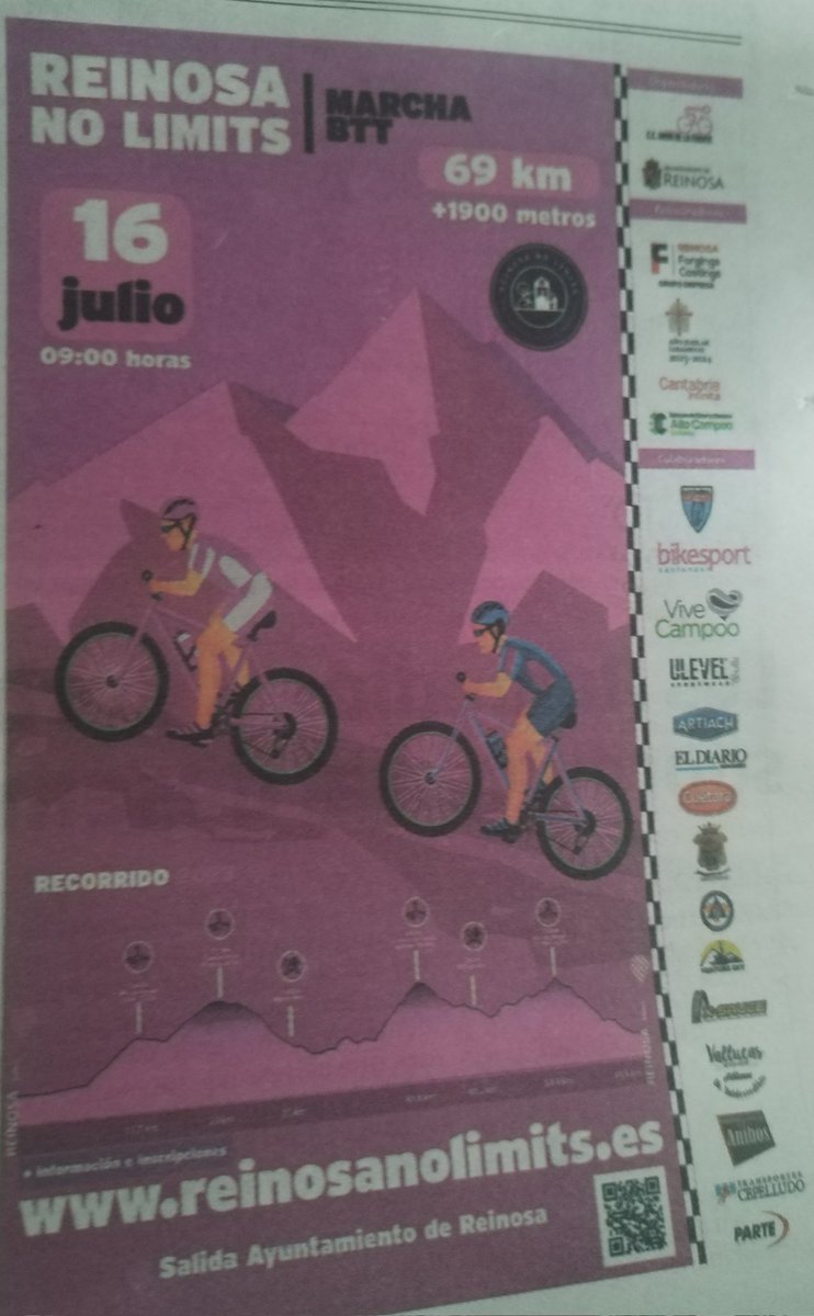 Reinosa No Limits, Marcha BTT
16 Julio
69 Kms.
09:00 horas
<a href="/D_DeLaFuente/">David de la Fuente</a> <a href="/AytoReinosa/">Ayuntamiento de Reinosa</a>