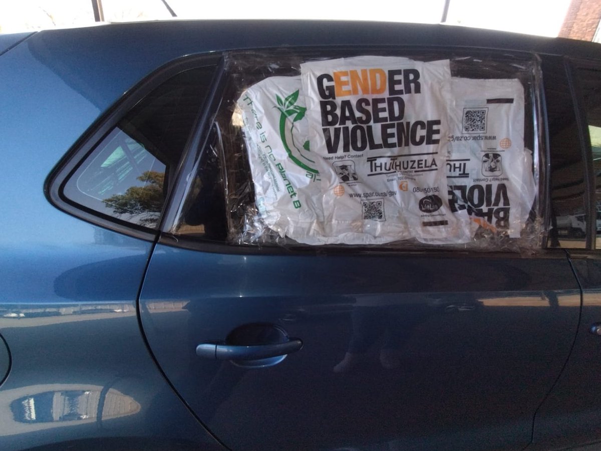 This a picture of the car that was forced to come to a stand still by the #BlueLightMafia SAPS VIP Protection Unit. The plastic bags have been used to cover the window that was smashed out by one of the @SAPoliceService members before they hit one man unconscious with a rifle.
