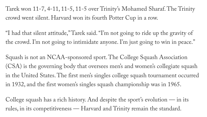 Weesesports's tweet photo. College squash can be described as a "lion's den."

It also has a rich history.

Despite the sport’s evolution, Harvard and Trinity remain the standard programs.

My story for @TheAthletic: https://t.co/jW7HPZJPqQ https://t.co/zpjS2cylUp