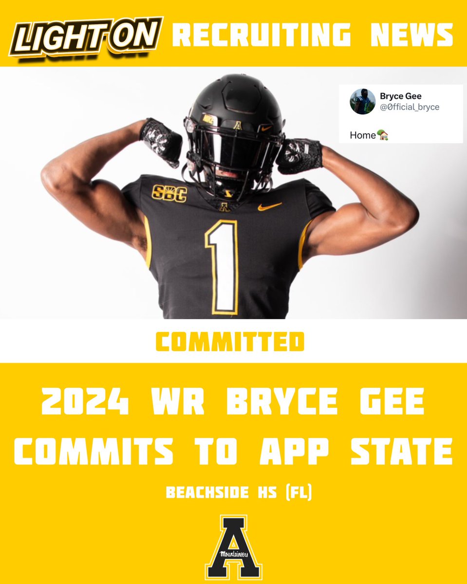 App State lands a commitment from 2024 WR Bryce Gee. 🗻🔥

#GoApp <a href="/0fficial_bryce/">Bryce Gee (3🌟wr)</a>