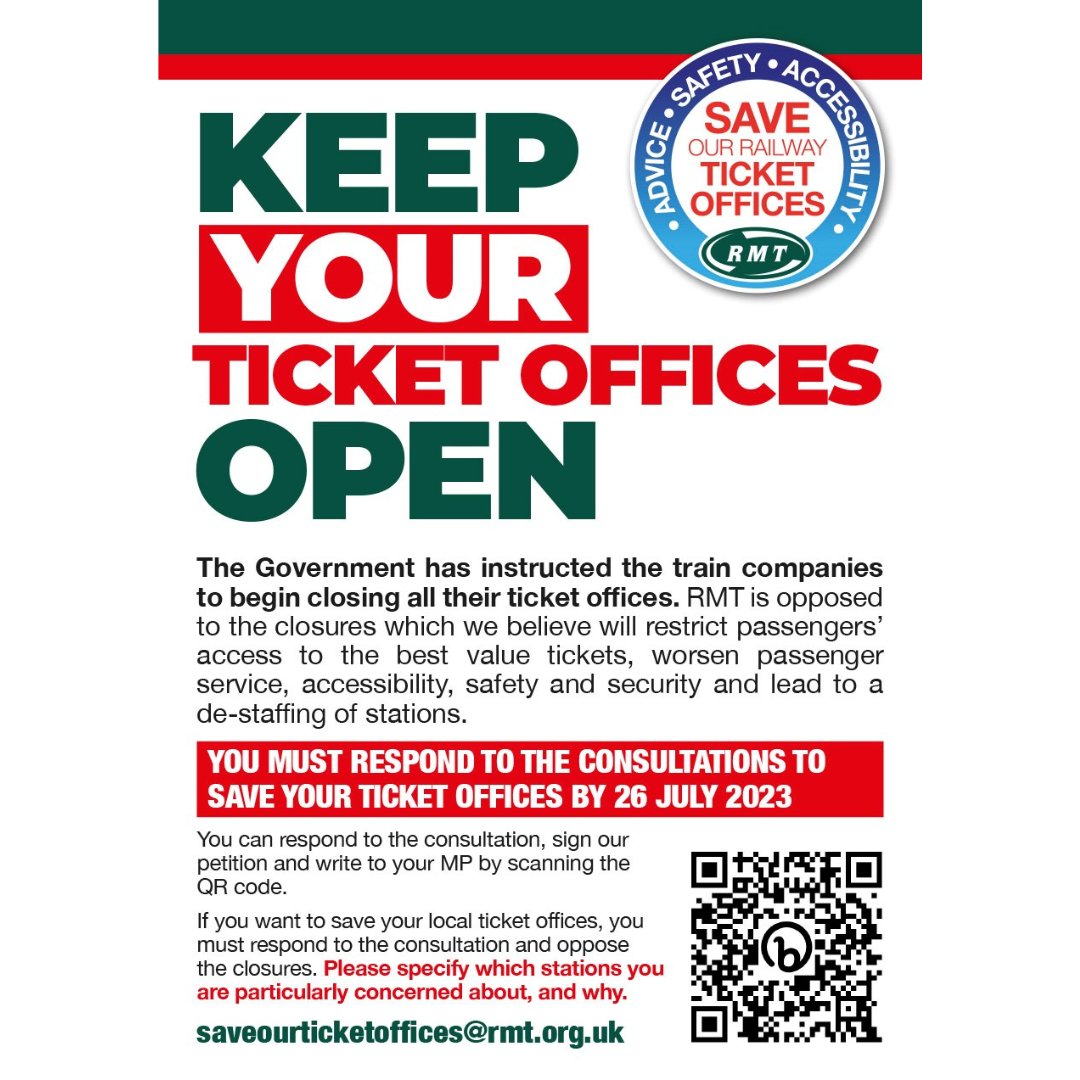 🚆 #SaveTicketOffices
We have just 21 days to participate in the public consultations on ticket office closures.
<a href="/RMTunion/">RMT</a> has prepared template letters for each train operator.
Please have your say.
bit.ly/saveticketoffi…