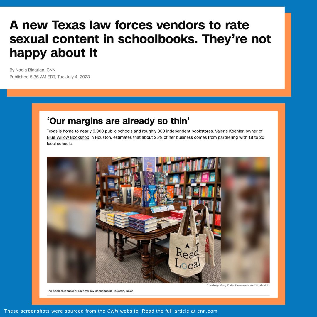 BlueWillowBooks's tweet photo. There is a new law in Texas with vague, impossible to fulfill requirements for book vendors.

It will hurt our small business and your neighborhood bookstore — and our school libraries.

Thanks to @CNN for sharing this story. https://t.co/lMy7AtKyfq @FReadomFighters https://t.co/gEVQO6ZRzT