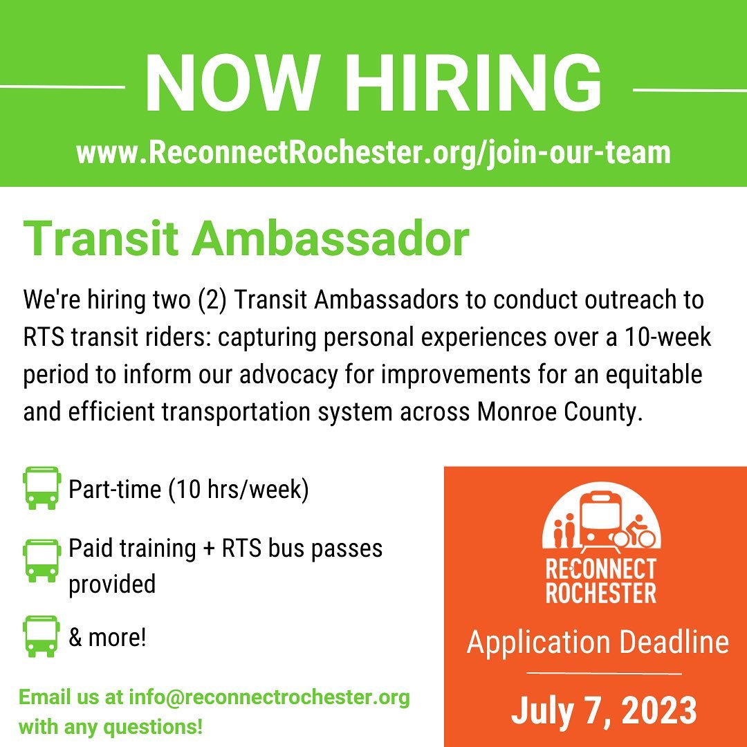 reconnectROC's tweet photo. The application for our Transit Ambassadors position is still open📷📷!
Head to https://t.co/1ePFEM0U4t to learn more and apply📷
.
.
.
#roc #rochesterny #transitambassador #supportpublictransit #rts #publictransit https://t.co/gySMTvlk87