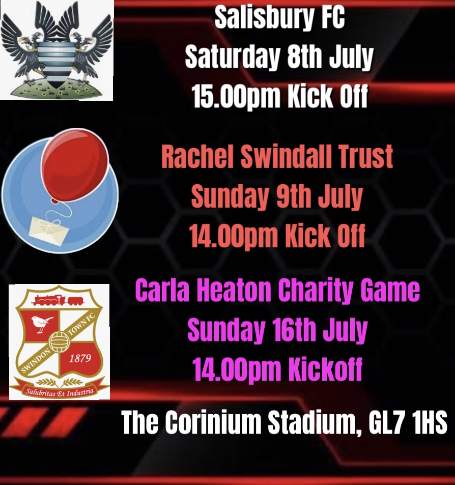 CirenTownFC's tweet photo. A busy next couple of week ahead for The Corinium Stadium.

Starting this Saturday V @SalisburyFC 

#upcomingevents #charity #charityfootball  #nonleague #forcarla #forrachel #preseason #mentalhealth #mentalhealthmatters @SwindonTownWFC @Official_STFC @TownCirencester @RSTrust20 https://t.co/yh074m5DsL