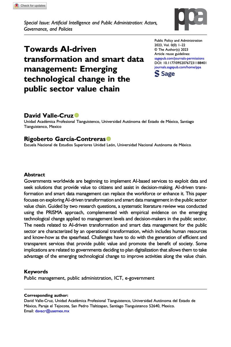 neo_matrix_'s tweet image. New article in Public Policy and Administration (IF: 3.1) with @hhrgc16!  

Title: &quot;Towards AI-driven transformation and smart data management: Emerging technological change in the public sector value chain&quot; 

Link: bit.ly/PPA_AI_2023

#AI #PublicSector #SmartDataManagement