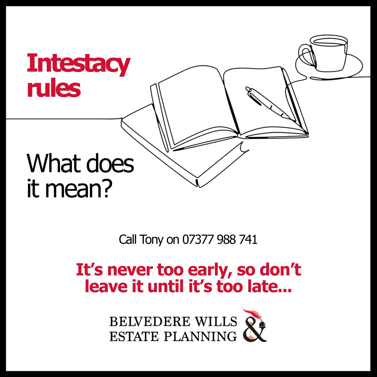 Haven’t got a Will?
If someone passes away the law may decides who gets what - intestacy rules apply.
Ensure your assets are distributed as you wish.

Get in touch here bit.ly/44u8kwz 

#estateplanning #takecontrol #belvederewills #inheritancerights #willwritingservice