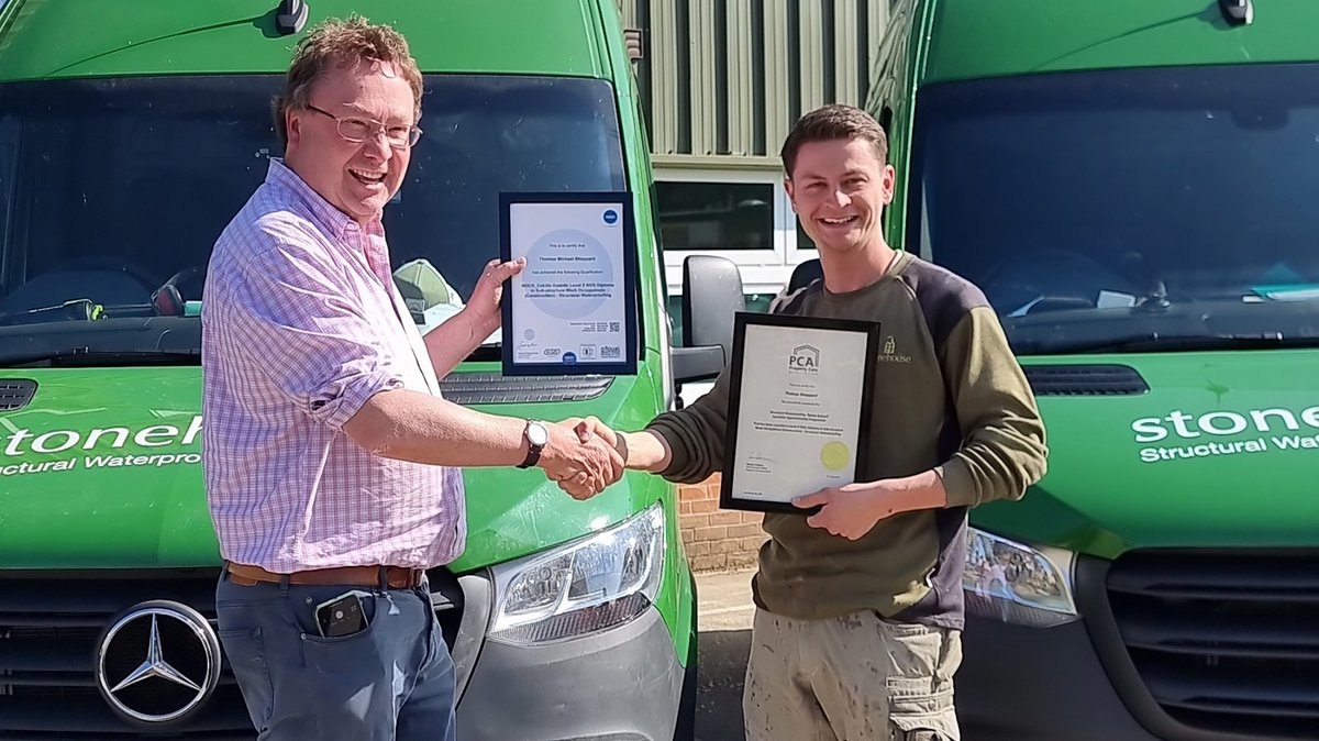 Congratulations to Tom! After 18 months of conscientious, hard work Tom qualifies as Stonehouse’s first apprentice achieving a Level 2 NVQ in Structural Waterproofing via the PCA and in-house training. We're looking for our next apprentice to follow in Tom’s footsteps!