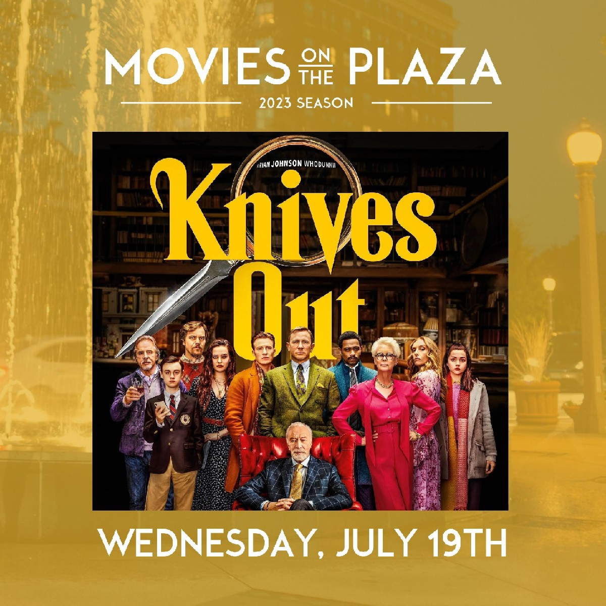 Savor the summer season with a stunning outdoor movie experience right here at Maryland Plaza featuring Knives Out.
🗓️ When: Wednesday, July 19th
📍 Where: Maryland Plaza Fountain
⏰ Time: 7:30 p.m. Trivia &amp; Prizes + 8:30 p.m. Movie Screening
🎥 Film: Knives Out