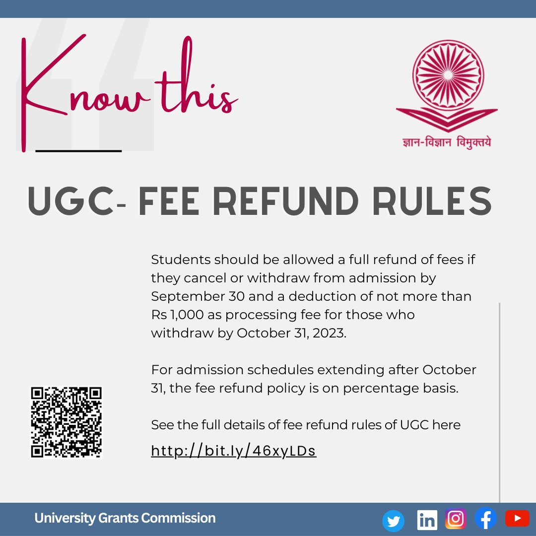ugc_india's tweet photo. Know UGC's fee refund rules! 
Read more 
https://t.co/Pf1a0BMuAH

 #UGC- #FeeRefund- #HigherEducation- #Students- #EducationNews https://t.co/gKT6Yipzuh