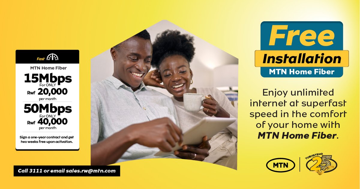 MTNRwanda's tweet photo. Get your home high-speed internet and do all of your online activities with ease. It also comes with free installation. Call us on 3111 or send an email at sales.RW@mtn.com for more inquiries.

#WhatAreWeDoingToday #MTNAt25 https://t.co/1yKOIZigIJ