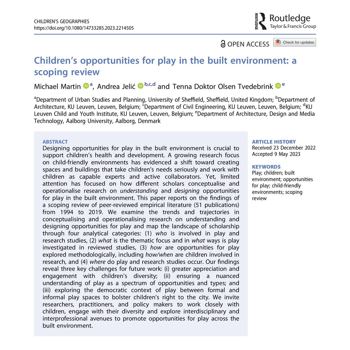 'Children's opportunities for play in the built environment' w. @BrainOnDesign @TennaTvedebrink

OUT NOW+FREE ACCESS in @ChildrensGeogs

How we #design & understand opportunities for #play are crucial to promote resilient #urbanfutures for #children

tandfonline.com/doi/full/10.10…

1/3