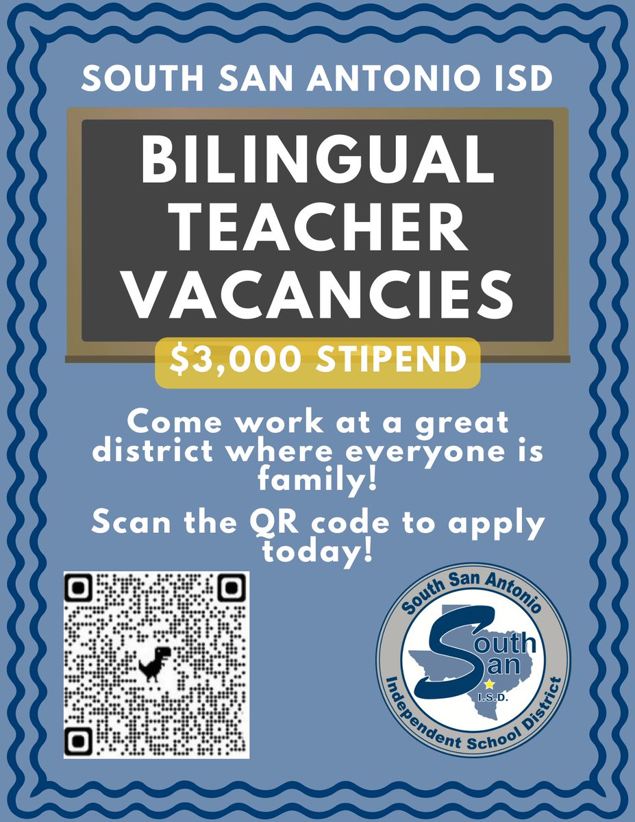 ssaisd's tweet photo. South San Antonio ISD is hiring bilingual teachers for the 2023-2024 school year! A $3,000 stipend is included for new hirees.

Scan the QR code to view open teaching positions available and apply today! #ChooseSouthSanISD https://t.co/XCK57VErCS