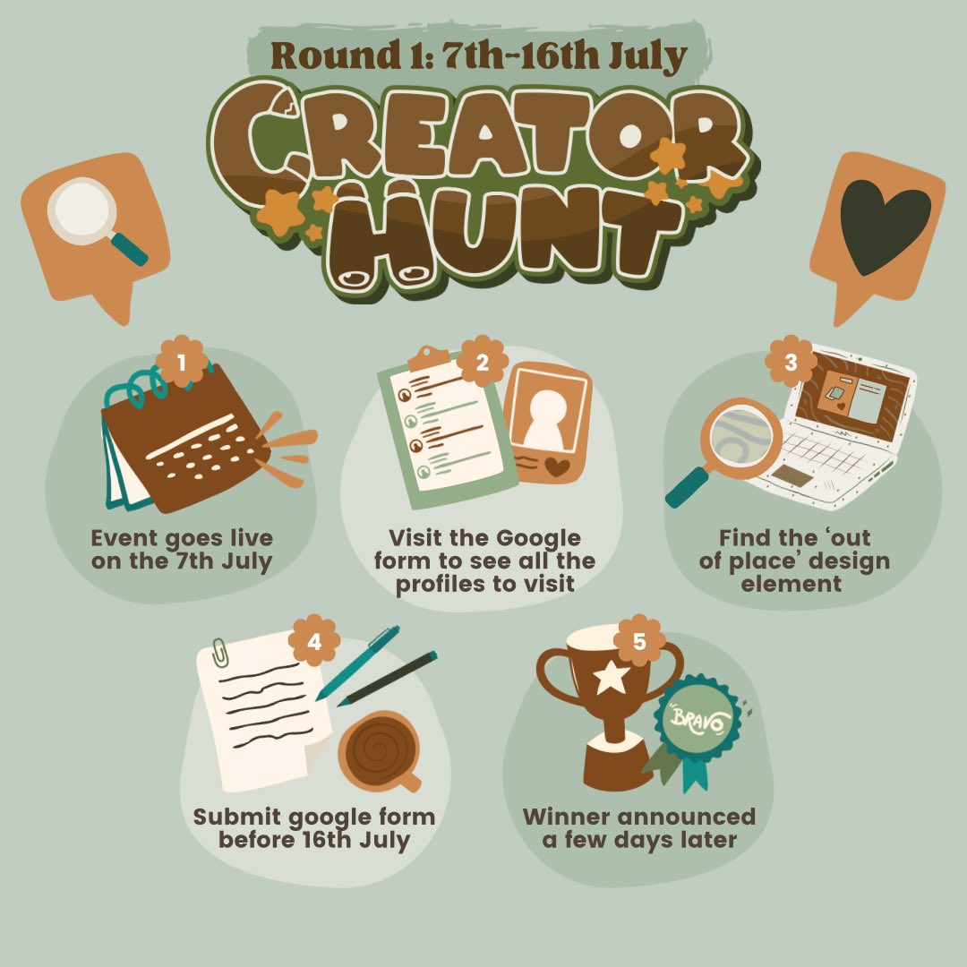 cooriedoon_'s tweet photo. Creator Hunt  🔎 ROUND 1 👀

Get ready to hunt through all these content creator channels to find the ‘odd things out’ and be in the chance to win an eshop or steam voucher! Going LIVE 7th July, aka THIS FRIDAY! ✨

Join the hunt on discord: https://t.co/MJQhUMWwsU
#creatorhunt https://t.co/RnPsZEM1rQ