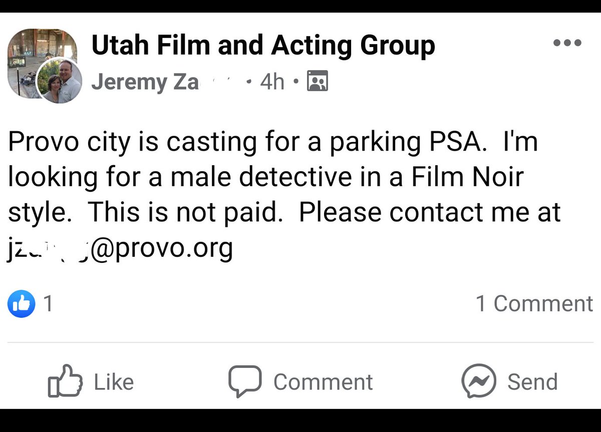 DLWalkerActor's tweet photo. @provocouncil Can someone explain to me why Provo City is asking for professional actors to work for free? That's against Utah labor laws https://t.co/fYTjJXFN03