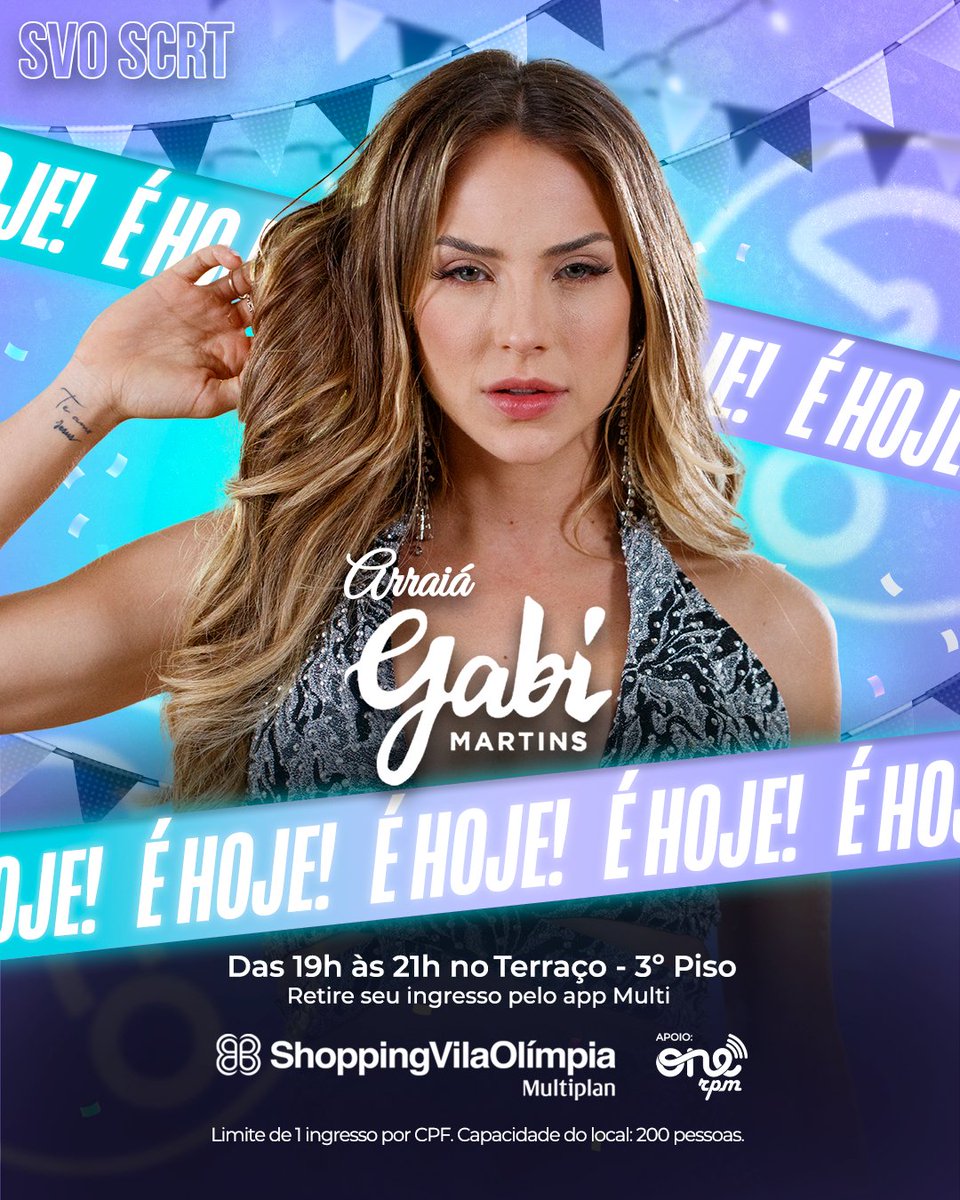 scvilaolimpia's tweet photo. É HOJE que o #ARRAIÁ da @gabimartins vai esquentar o #SVOSecreto! 🔥❤
⏰ Das 19h às 21h, no 3º Piso
🆓 Evento #Gratuito - ÚLTIMOS INGRESSOS no #AppMulti: https://t.co/gaeUQJ8TyJ
Apoio: @Onerpmbr 🔥
#GabiMartins #FestaJunina #ONErpm #ShoppingVilaOlimpia #EunoSVO https://t.co/2hv4iMH5GW